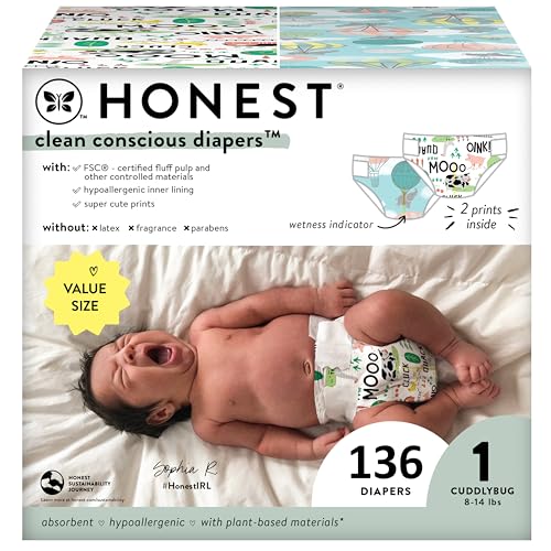 The Honest Company Clean Conscious Diapers | Plant-Based, Sustainable | Above It All + Barnyard Babies | Super Club Box, Size 1 (8-14 lbs), 136 Count